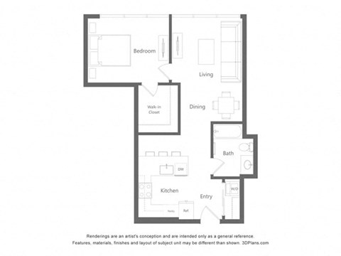 Floor plan for 1 bed, 1 bath, 803 sqft